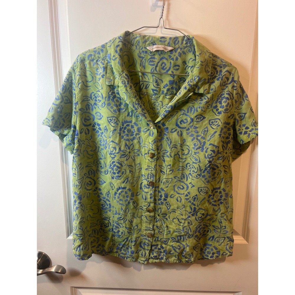 Nomadic Traders Womens Shirt Floral Batik Pattern Green Blue Size M
